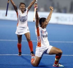Indian Women's Hockey Captain Rani Rampal celebrates a goal